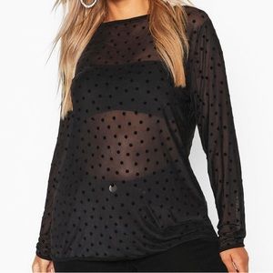 Womens Boohoo Plus Mesh Polka Dot Top (Black)